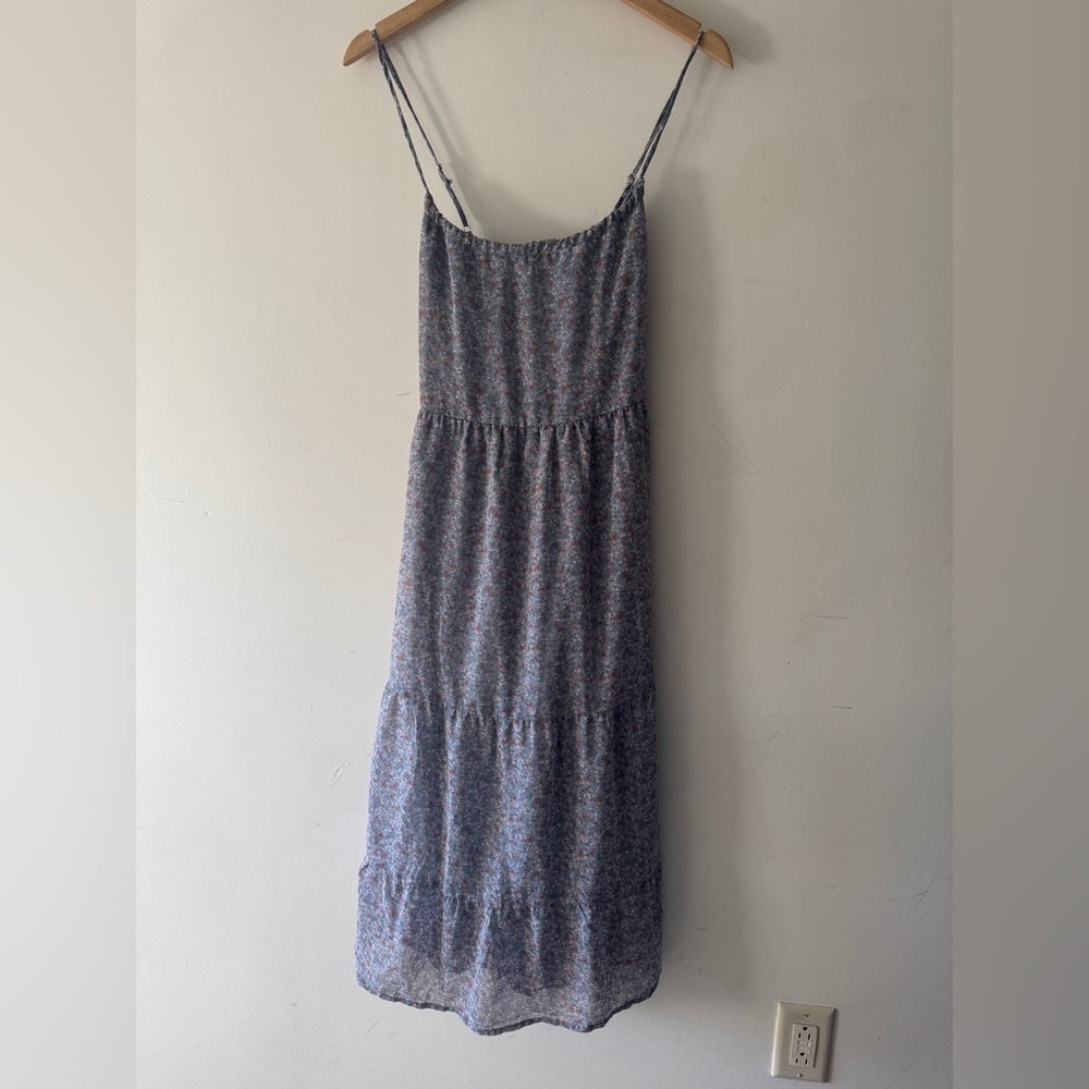 Rokoko Blue Floral Flowy Cottagecore Tiered Maxi Dress Criss Cross‎ Back